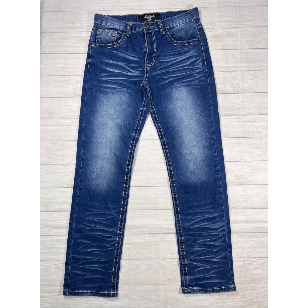 True Luck Jeans Mens‎ 32x32 Straight Leg Medium Wash Heavy Whiskering Stretch